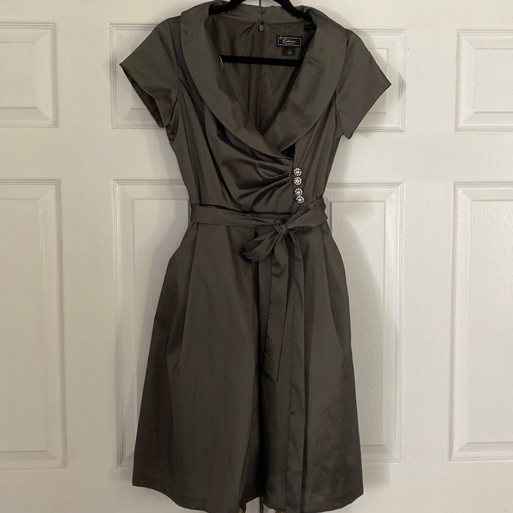 Olive Green Vintage-style Holiday Christmas Party Dress Rhinestone Buttons